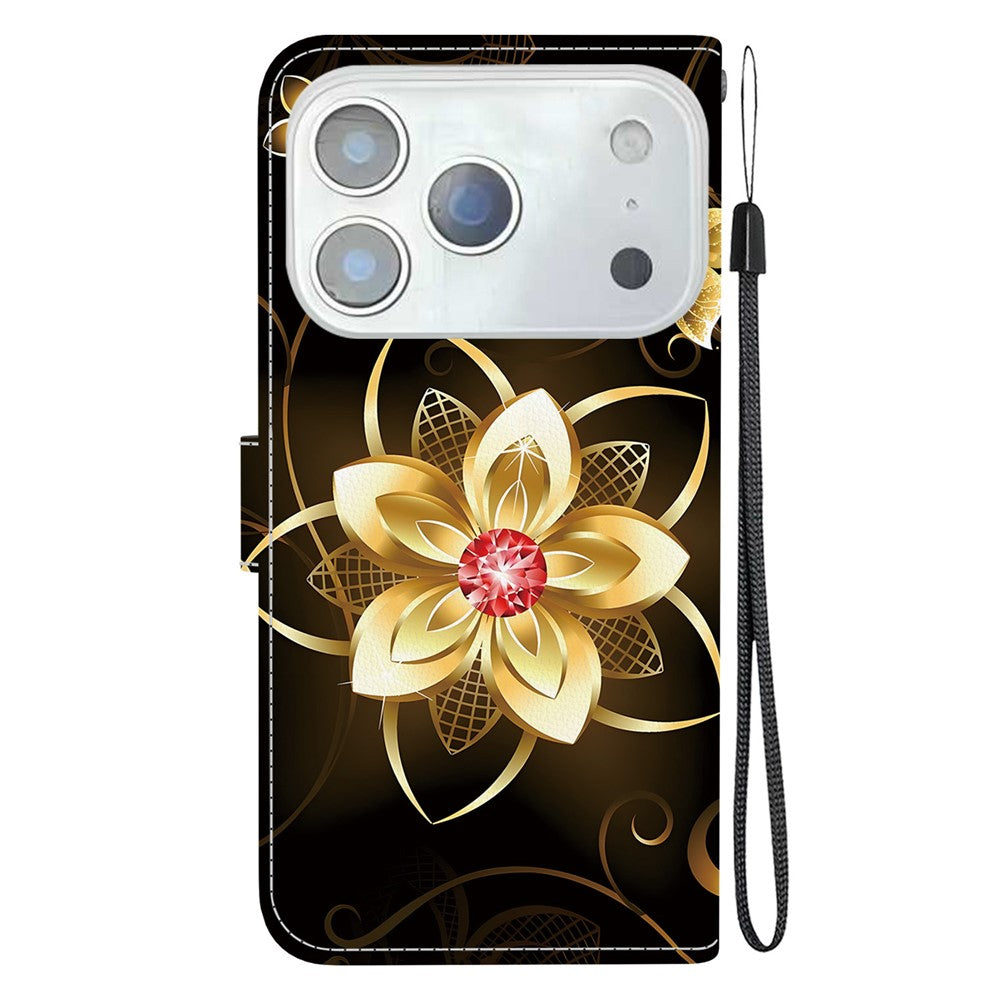 For iPhone 17 Pro Max Case Pattern Printing Anti-Drop Leather Flip Wallet Phone Cover with Lanyard - Golden Flower