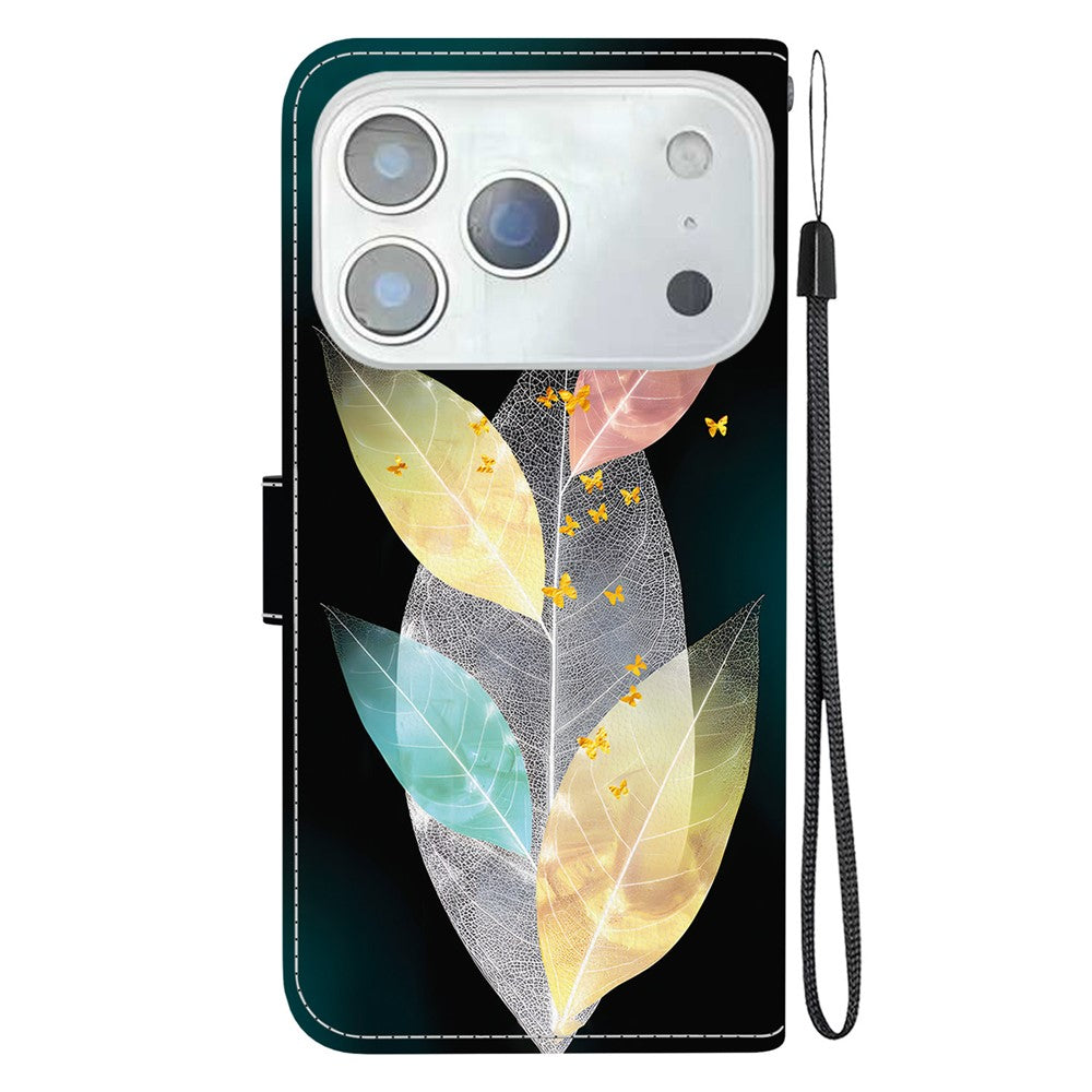 For iPhone 17 Pro Max Case Pattern Printing Anti-Drop Leather Flip Wallet Phone Cover with Lanyard - Colored Leaves
