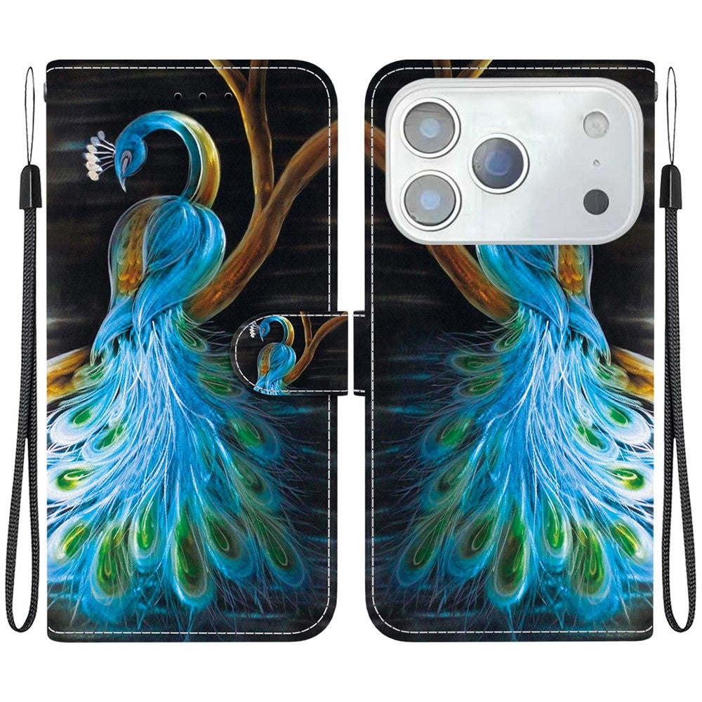 For iPhone 17 Pro Max Case Pattern Printing Anti-Drop Leather Flip Wallet Phone Cover with Lanyard - Peacock