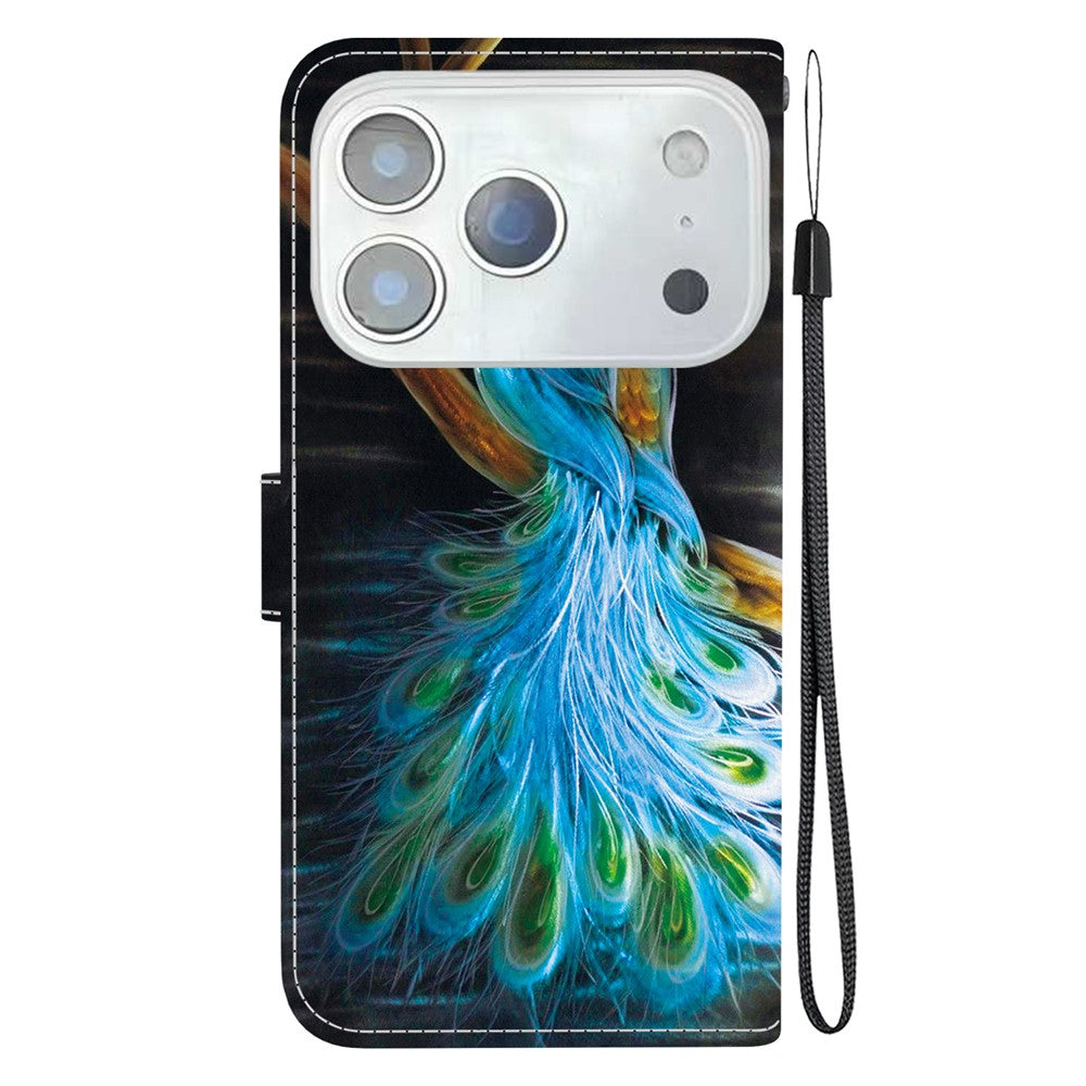 For iPhone 17 Pro Max Case Pattern Printing Anti-Drop Leather Flip Wallet Phone Cover with Lanyard - Peacock
