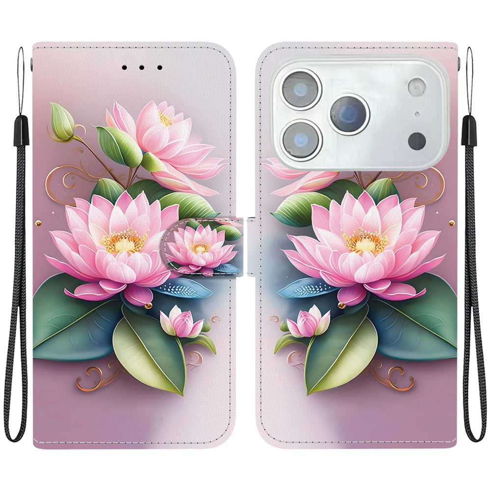 For iPhone 17 Pro Max Case Pattern Printing Anti-Drop Leather Flip Wallet Phone Cover with Lanyard - Lotus
