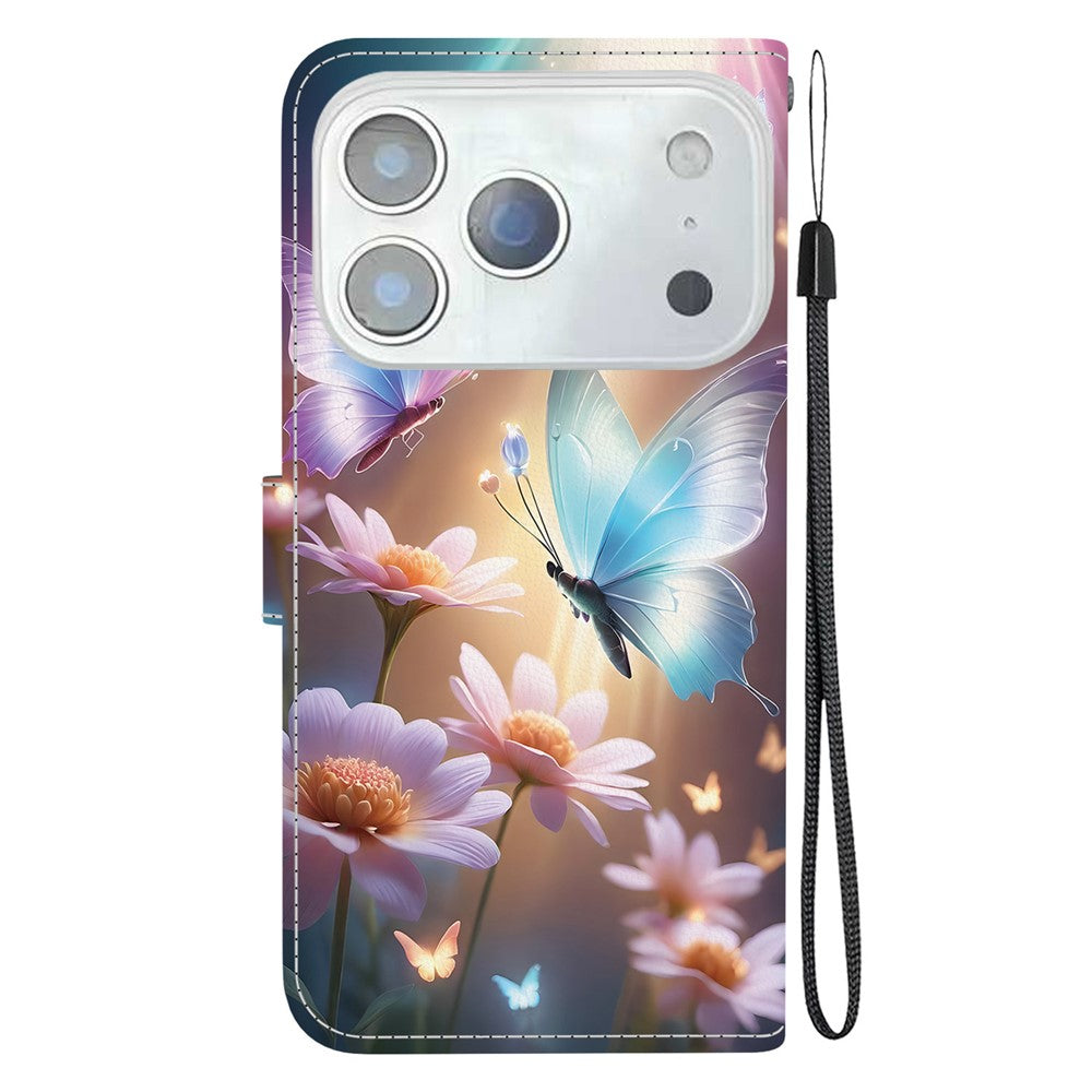 For iPhone 17 Pro Max Case Pattern Printing Anti-Drop Leather Flip Wallet Phone Cover with Lanyard - Butterfly Floral