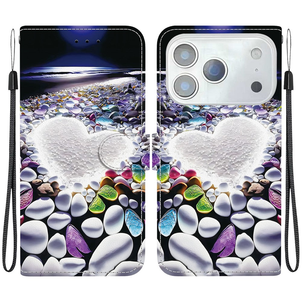 For iPhone 17 Pro Max Case Pattern Printing Anti-Drop Leather Flip Wallet Phone Cover with Lanyard - Heart Shape