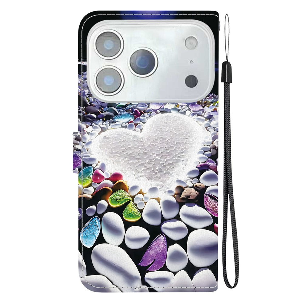 For iPhone 17 Pro Max Case Pattern Printing Anti-Drop Leather Flip Wallet Phone Cover with Lanyard - Heart Shape