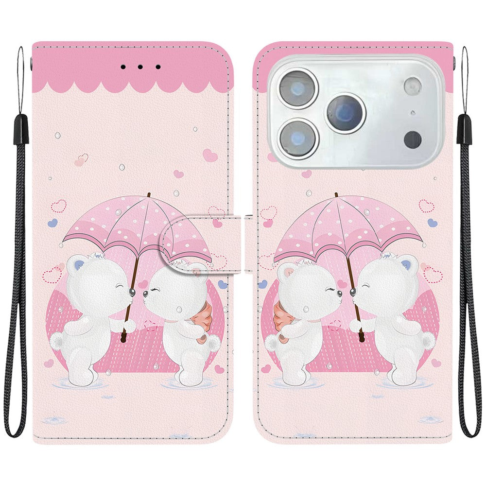 For iPhone 17 Pro Max Case Pattern Printing Anti-Drop Leather Flip Wallet Phone Cover with Lanyard - Cartoon Couple Bear