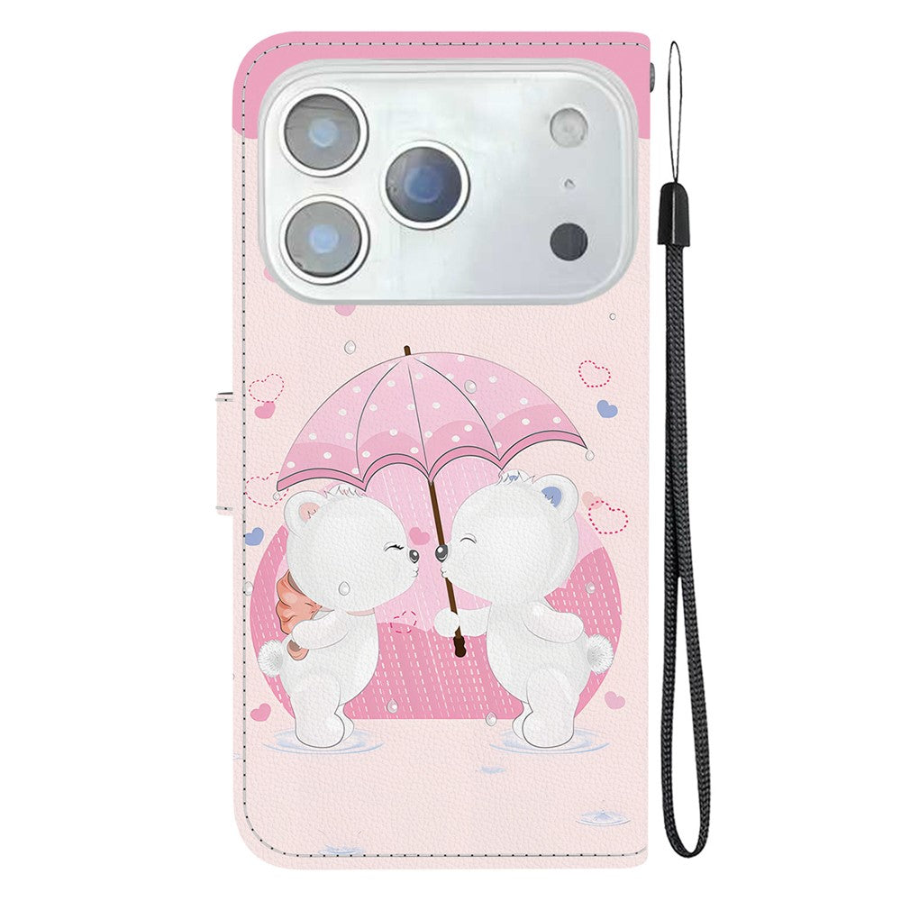 For iPhone 17 Pro Max Case Pattern Printing Anti-Drop Leather Flip Wallet Phone Cover with Lanyard - Cartoon Couple Bear