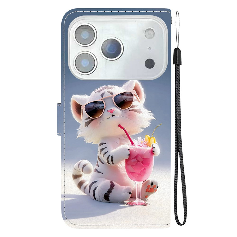 For iPhone 17 Pro Max Case Pattern Printing Anti-Drop Leather Flip Wallet Phone Cover with Lanyard - Cartoon Tiger
