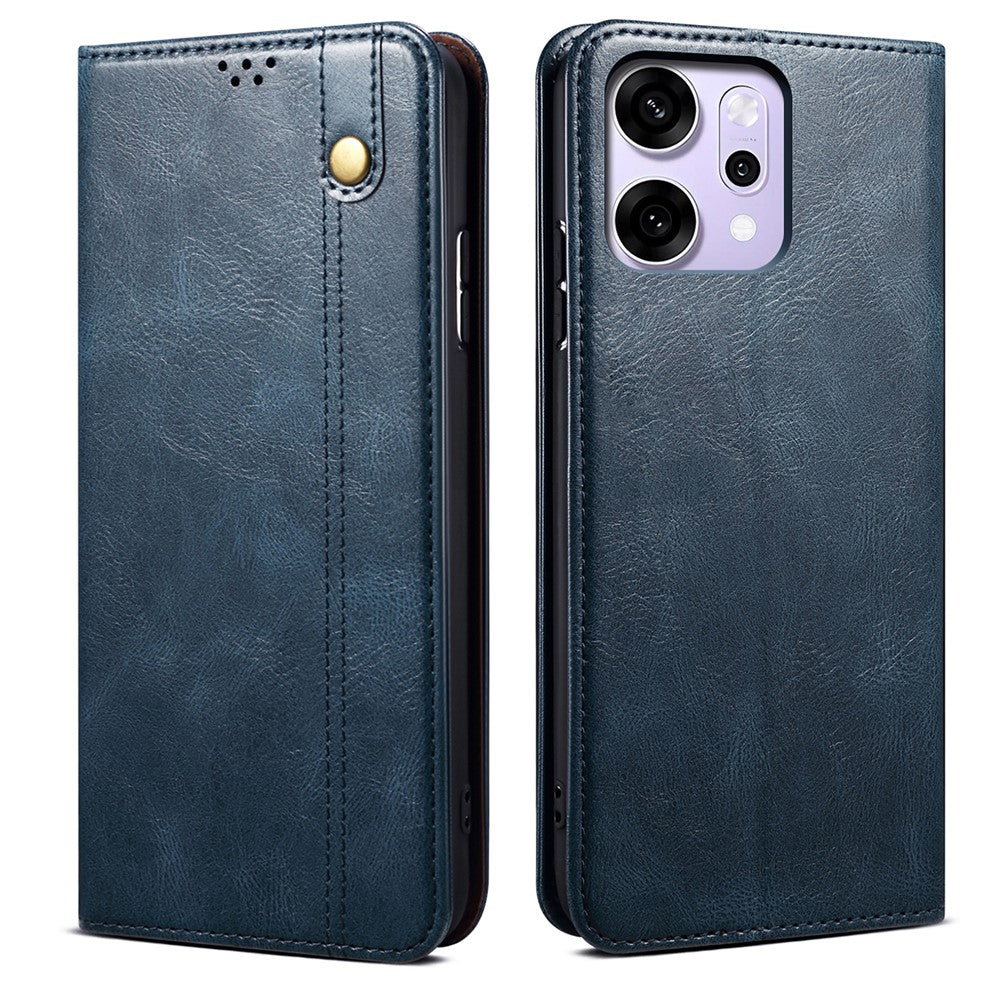 For Oppo Reno14 5G (Global) Case Crazy Horse Texture Waxy Leather Wallet Stand Phone Cover - Blue