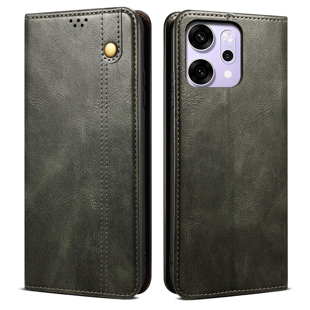 For Oppo Reno14 5G (Global) Case Crazy Horse Texture Waxy Leather Wallet Stand Phone Cover - Green