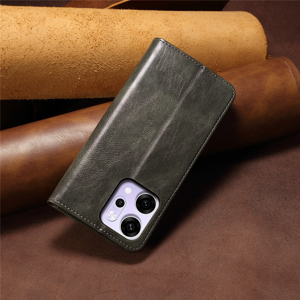 For Oppo Reno14 5G (Global) Case Crazy Horse Texture Waxy Leather Wallet Stand Phone Cover - Green