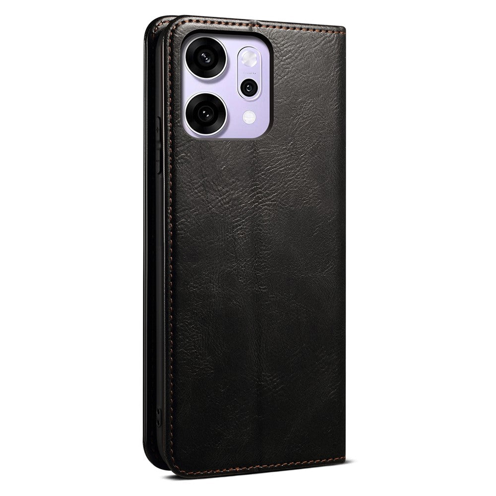 For Oppo Reno14 5G (Global) Case Crazy Horse Texture Waxy Leather Wallet Stand Phone Cover - Black
