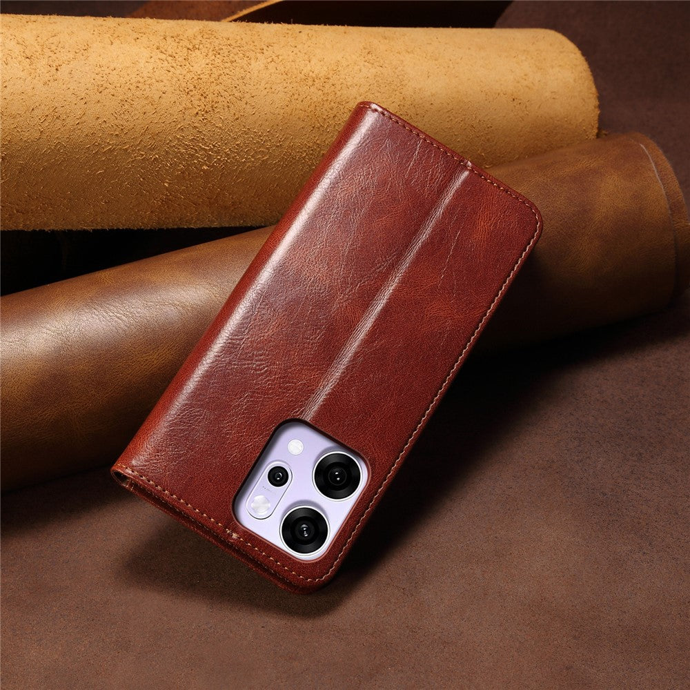 For Oppo Reno14 5G (Global) Case Crazy Horse Texture Waxy Leather Wallet Stand Phone Cover - Brown