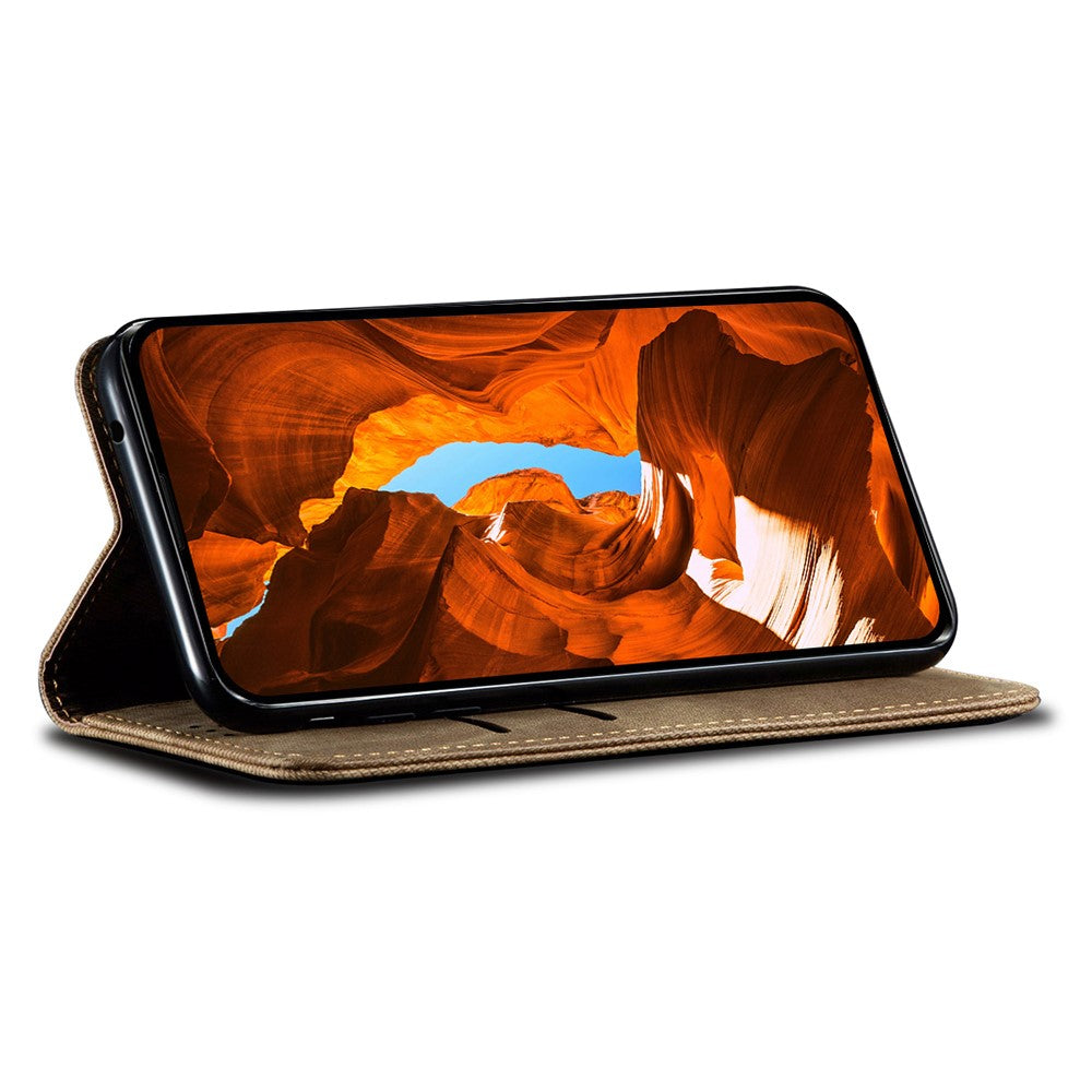 For Oppo Reno14 5G (Global) Case Jeans Cloth Texture Anti-Scratch Leather Stand Phone Cover - Khaki