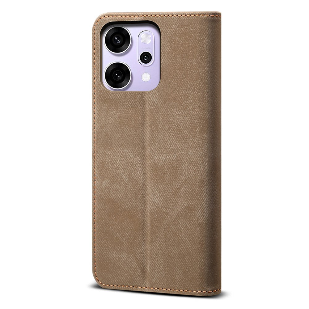 For Oppo Reno14 5G (Global) Case Jeans Cloth Texture Anti-Scratch Leather Stand Phone Cover - Khaki
