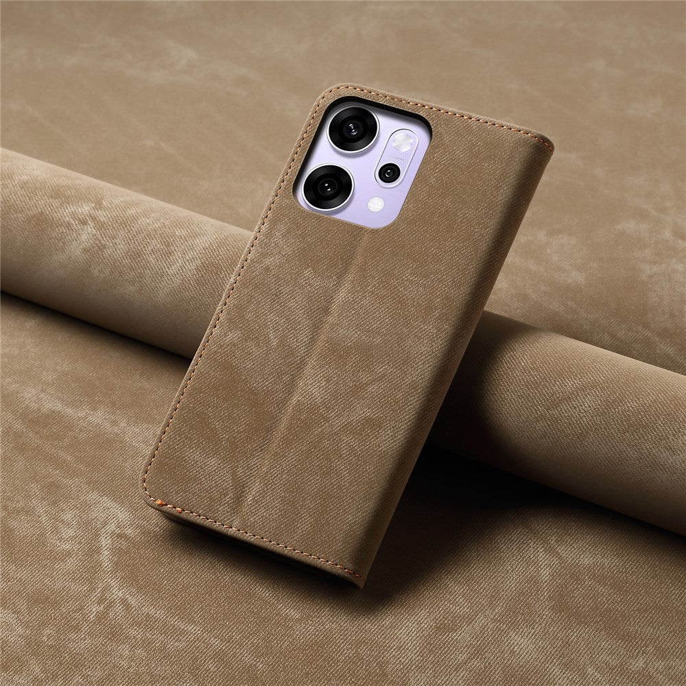 For Oppo Reno14 5G (Global) Case Jeans Cloth Texture Anti-Scratch Leather Stand Phone Cover - Khaki