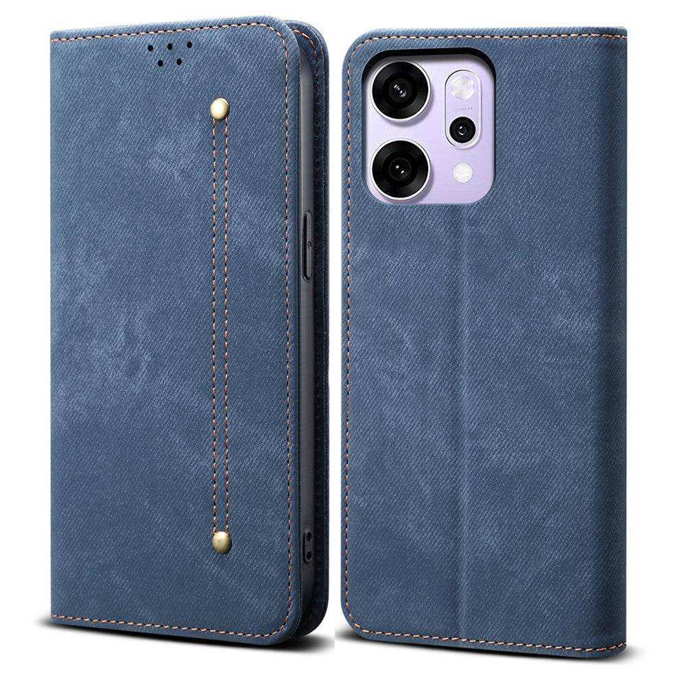 For Oppo Reno14 5G (Global) Case Jeans Cloth Texture Anti-Scratch Leather Stand Phone Cover - Blue