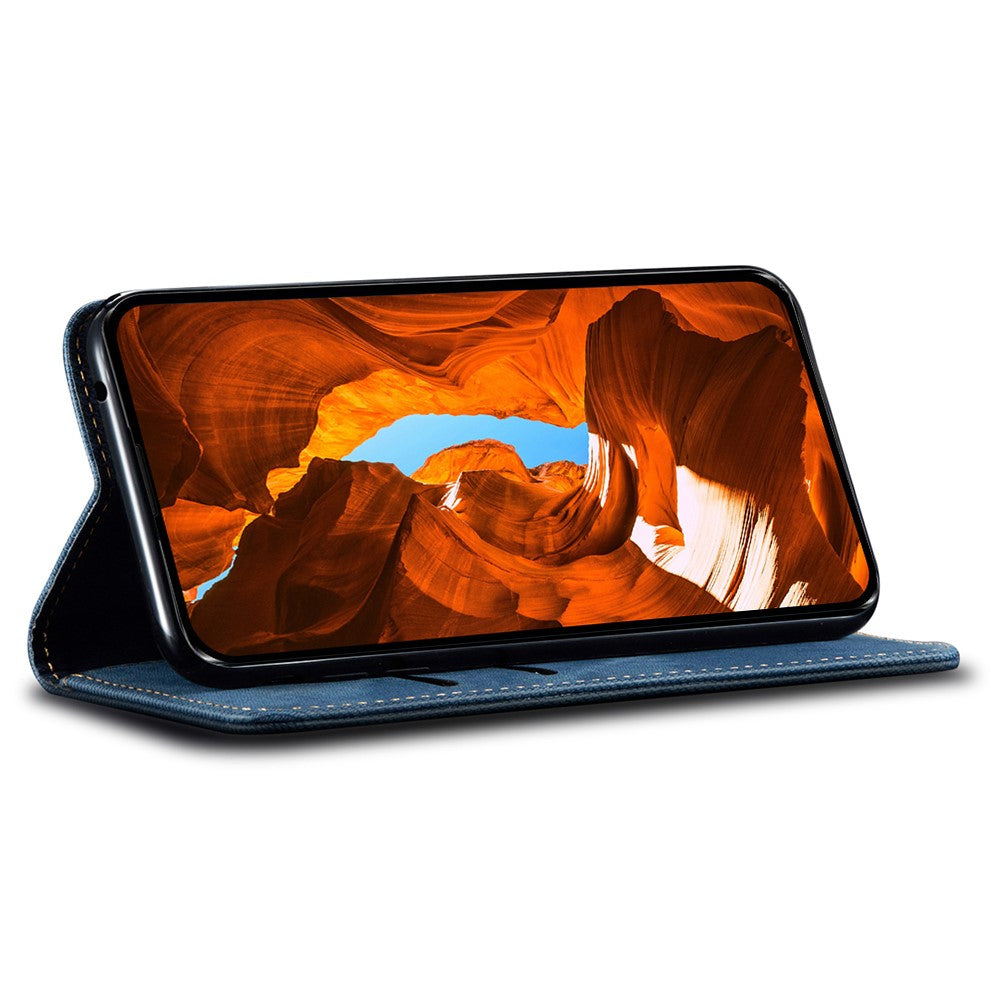 For Oppo Reno14 5G (Global) Case Jeans Cloth Texture Anti-Scratch Leather Stand Phone Cover - Blue