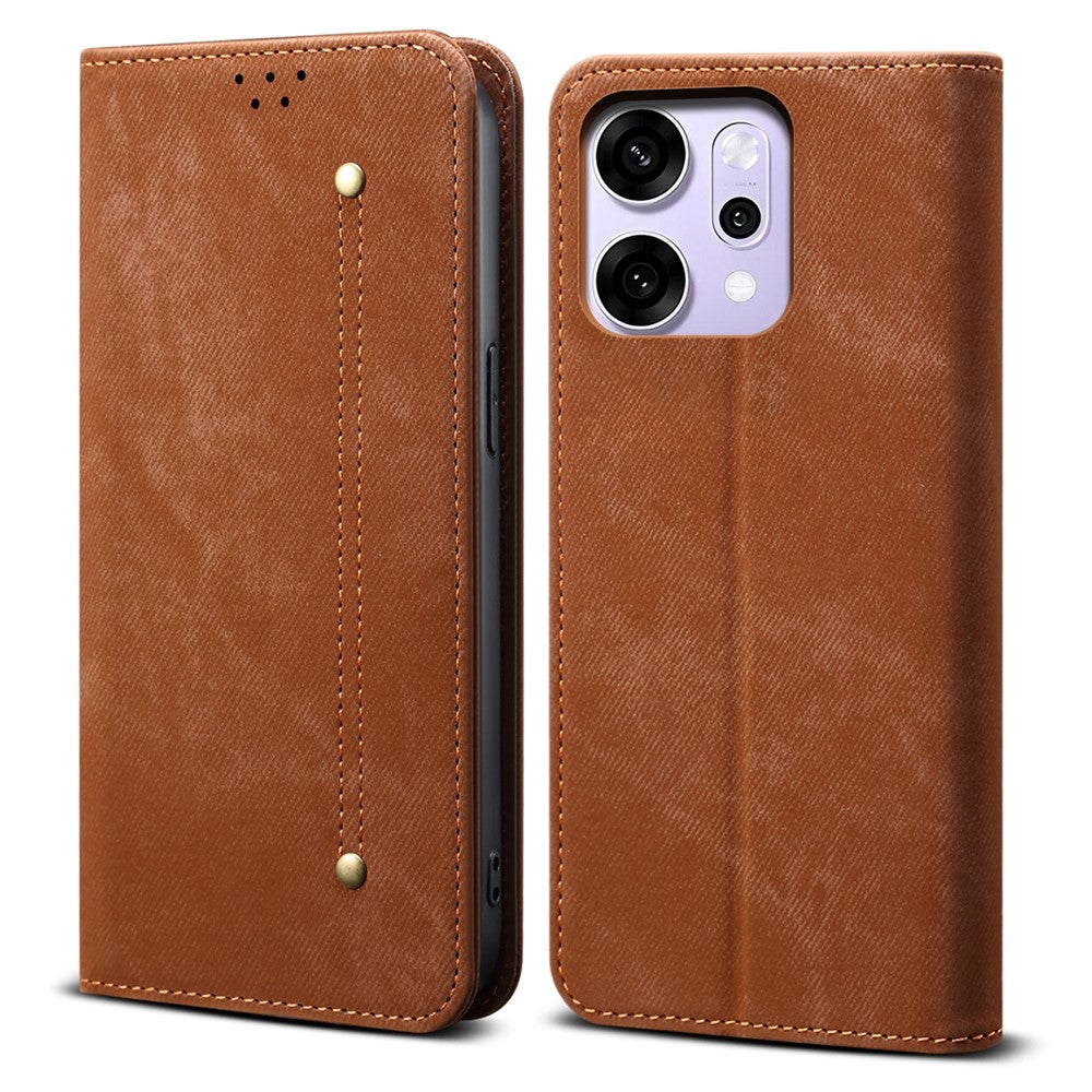 For Oppo Reno14 5G (Global) Case Jeans Cloth Texture Anti-Scratch Leather Stand Phone Cover - Coffee