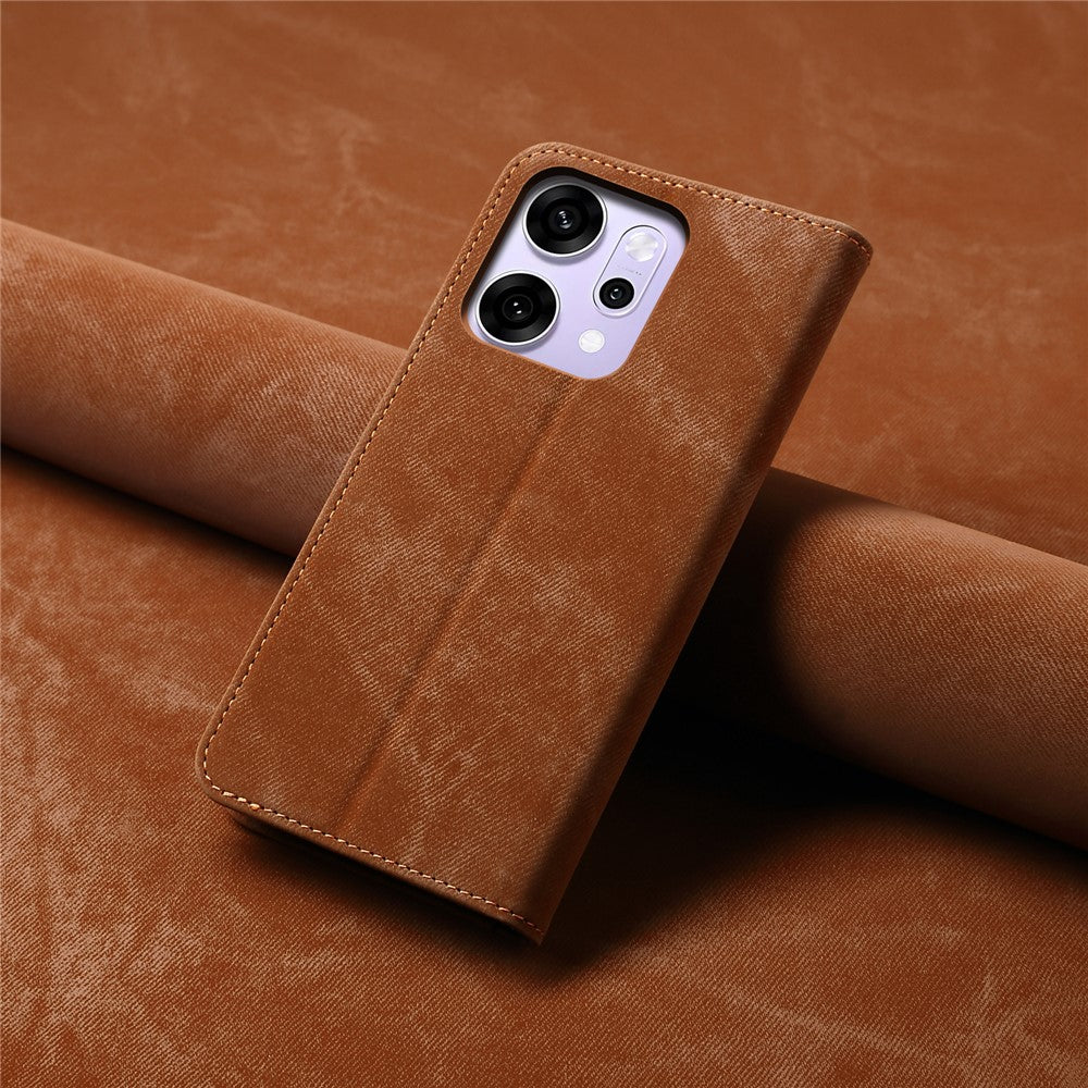 For Oppo Reno14 5G (Global) Case Jeans Cloth Texture Anti-Scratch Leather Stand Phone Cover - Coffee