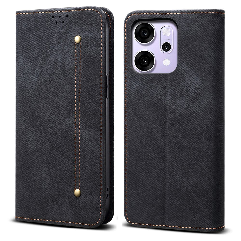 For Oppo Reno14 5G (Global) Case Jeans Cloth Texture Anti-Scratch Leather Stand Phone Cover - Black