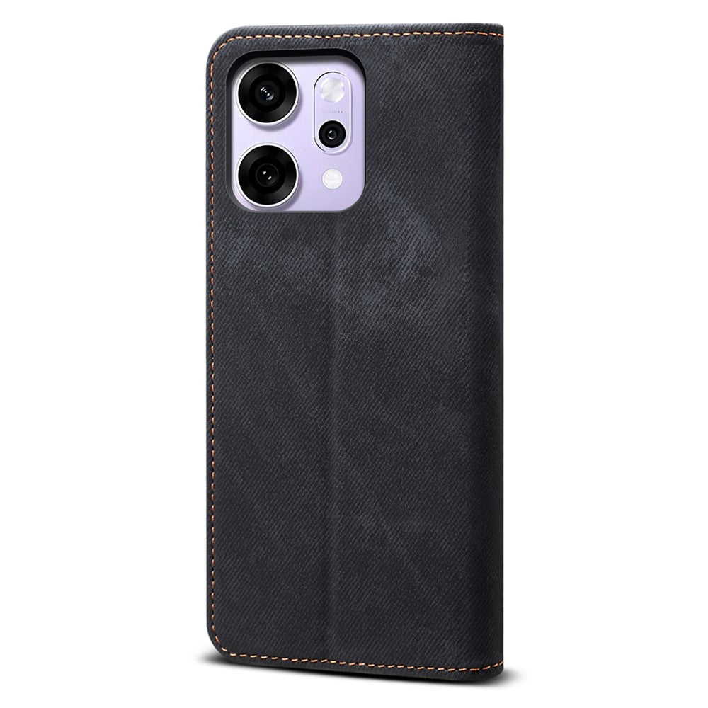 For Oppo Reno14 5G (Global) Case Jeans Cloth Texture Anti-Scratch Leather Stand Phone Cover - Black