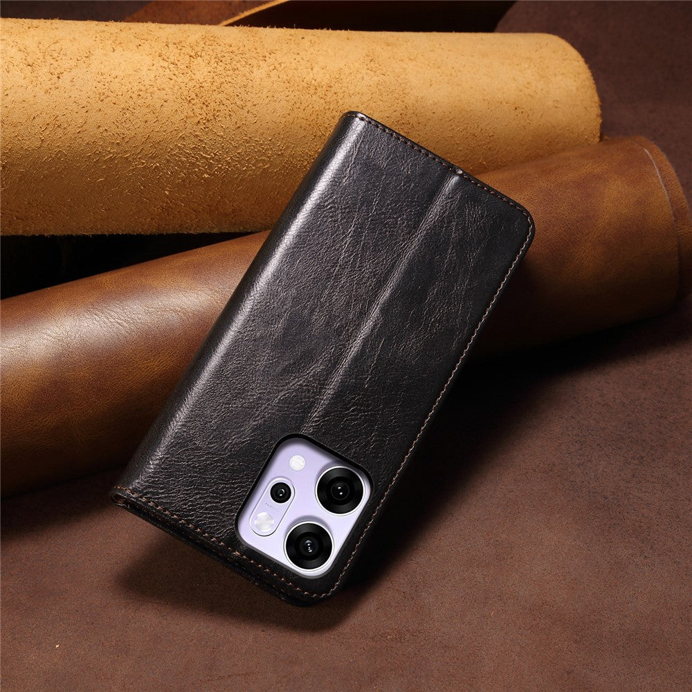 For Oppo Reno14 Pro 5G (Global) Case Crazy Horse Texture Waxy Leather Wallet Stand Phone Cover - Black