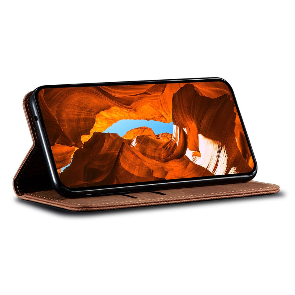 For Oppo Reno14 Pro 5G (Global) Case Jeans Cloth Texture Anti-Scratch Leather Stand Phone Cover - Coffee