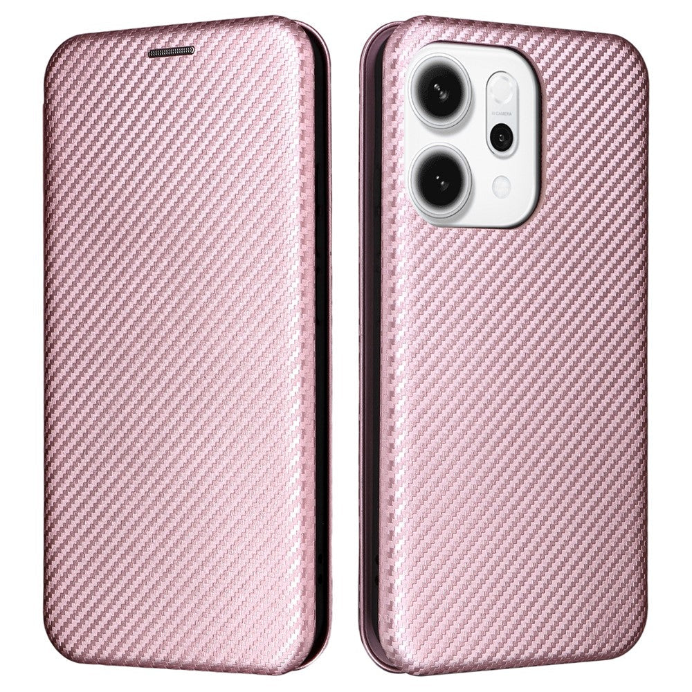 For Oppo Reno14 5G (Global) Case Carbon Fiber Texture Drop-Proof PU Leather Phone Cover - Rose Gold