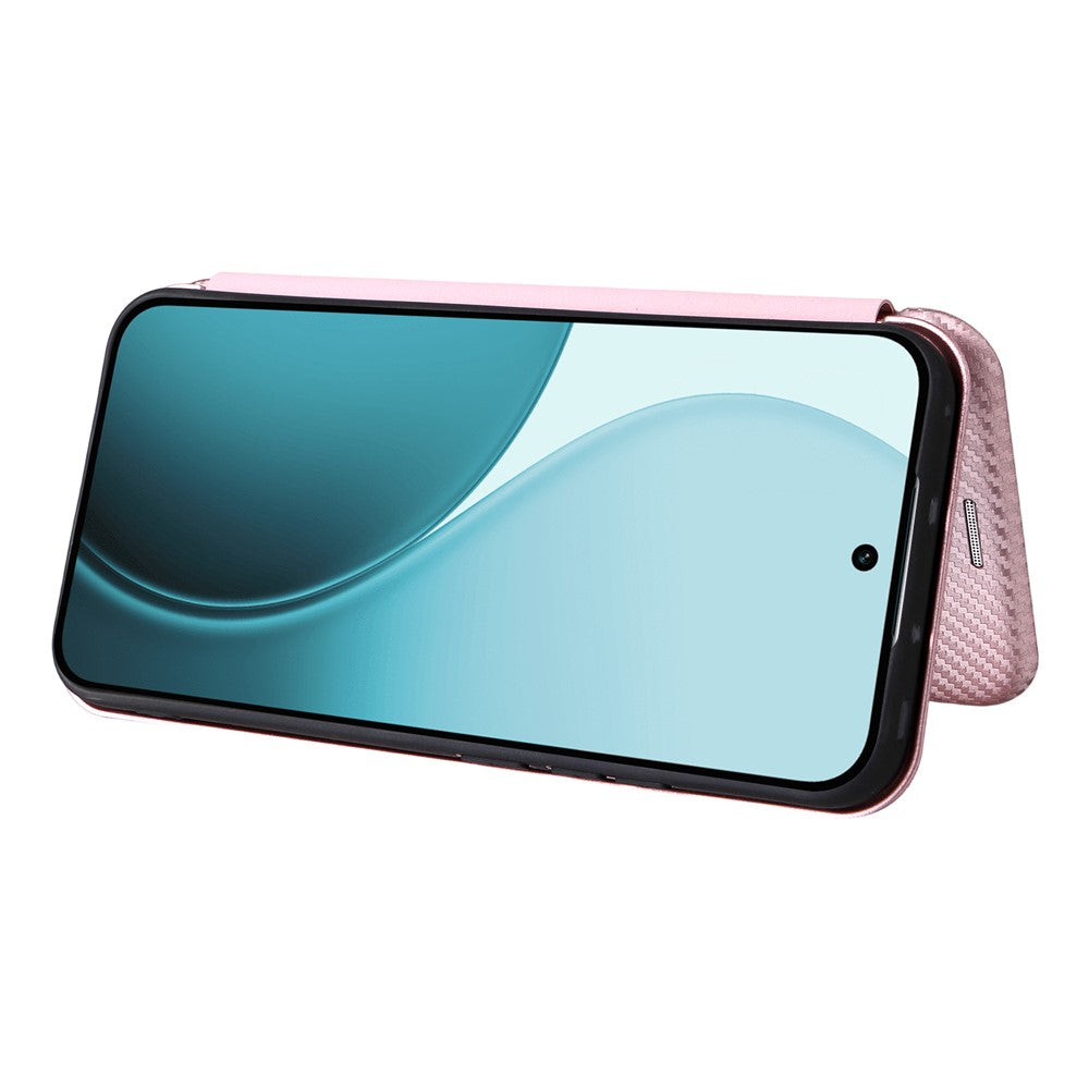 For Oppo Reno14 5G (Global) Case Carbon Fiber Texture Drop-Proof PU Leather Phone Cover - Rose Gold