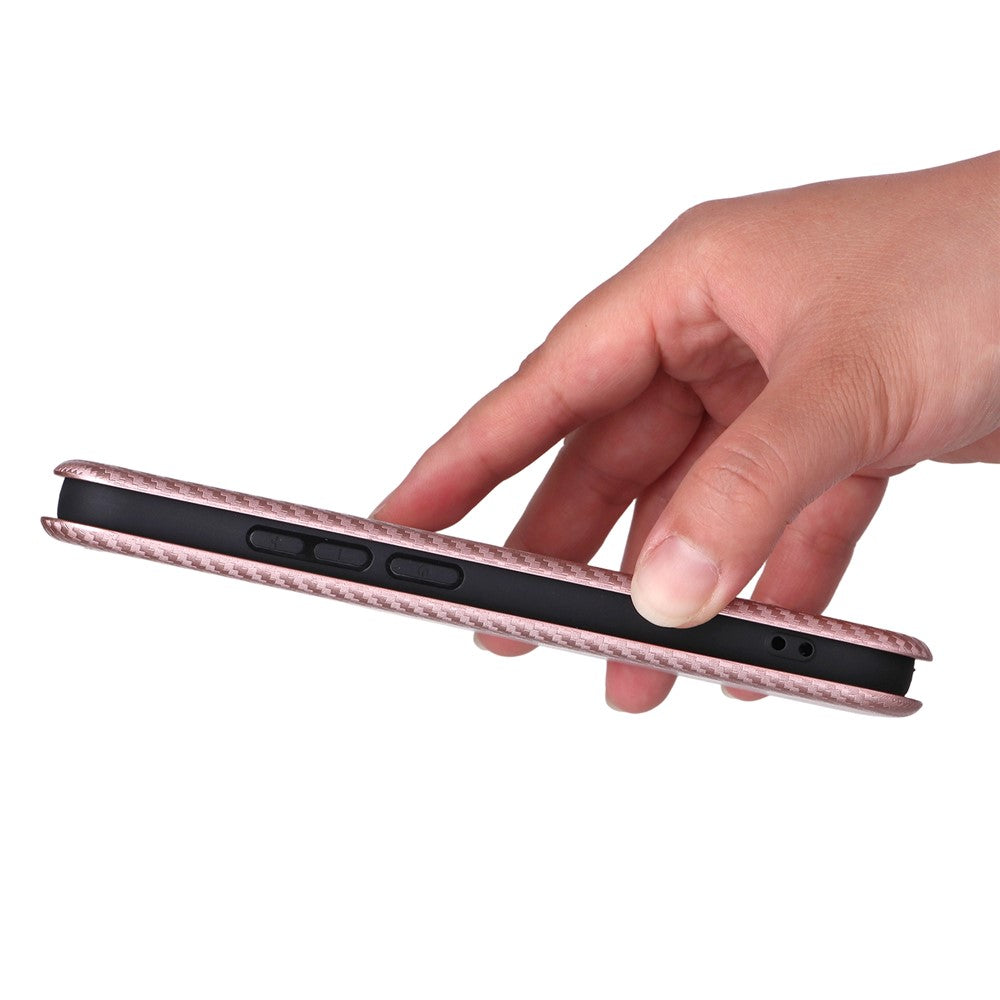 For Oppo Reno14 5G (Global) Case Carbon Fiber Texture Drop-Proof PU Leather Phone Cover - Rose Gold