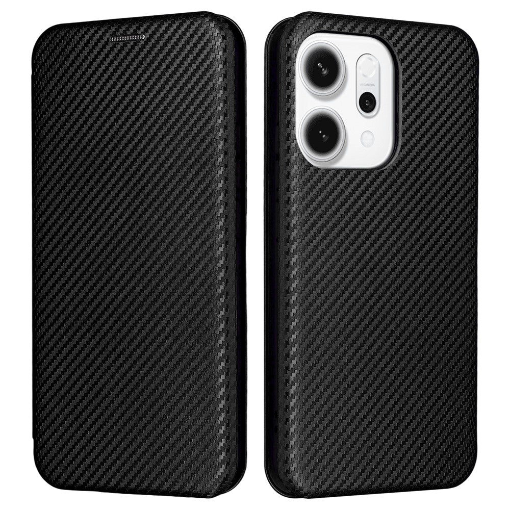 For Oppo Reno14 5G (Global) Case Carbon Fiber Texture Drop-Proof PU Leather Phone Cover - Black