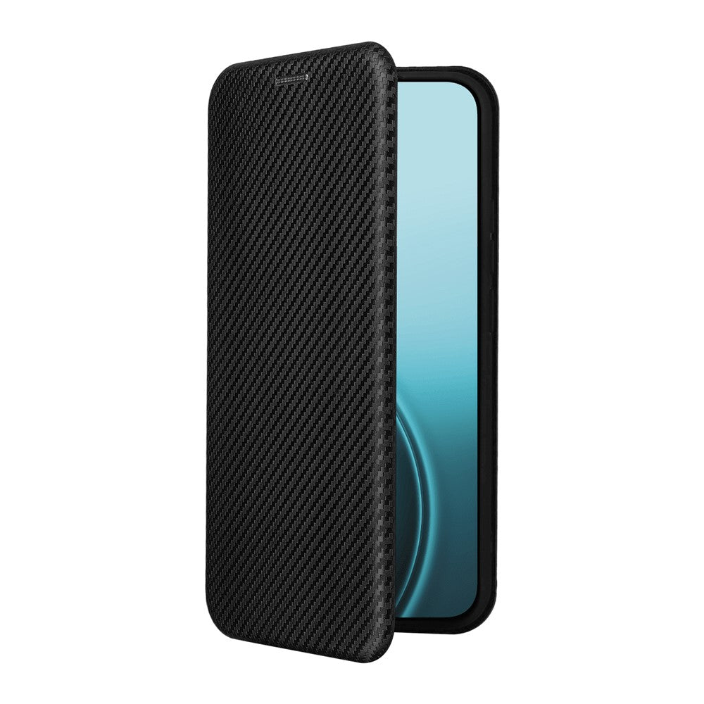 For Oppo Reno14 5G (Global) Case Carbon Fiber Texture Drop-Proof PU Leather Phone Cover - Black