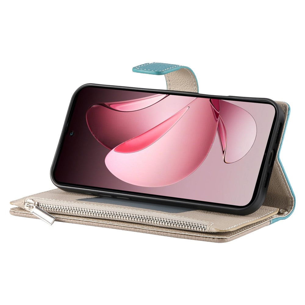 For Oppo Reno13 Pro 5G Case Zipper Wallet Color Splicing Leather Flip Phone Cover with Straps - Lake Blue