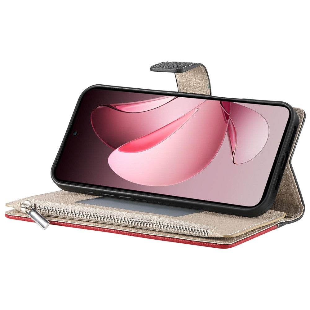 For Oppo Reno13 Pro 5G Case Zipper Wallet Color Splicing Leather Flip Phone Cover with Straps - Black