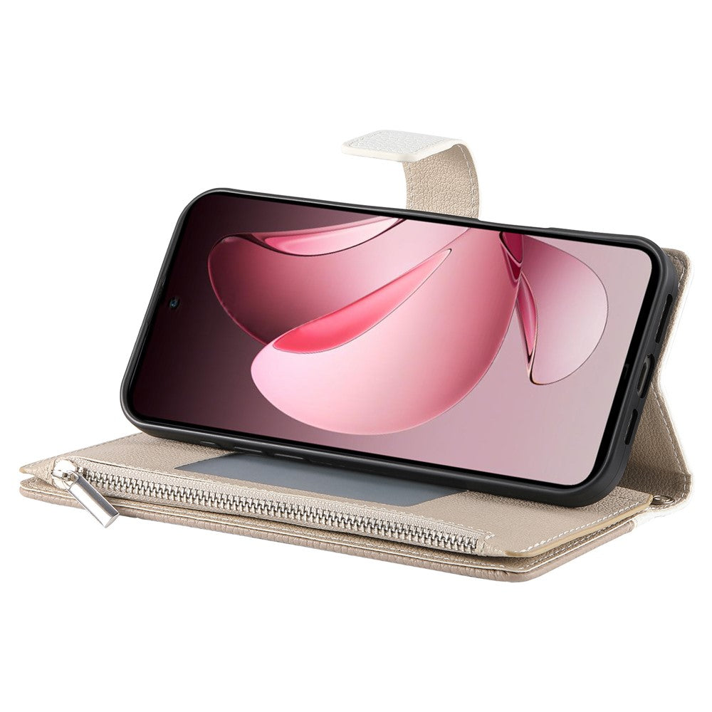 For Oppo Reno13 Pro 5G Case Zipper Wallet Color Splicing Leather Flip Phone Cover with Straps - White