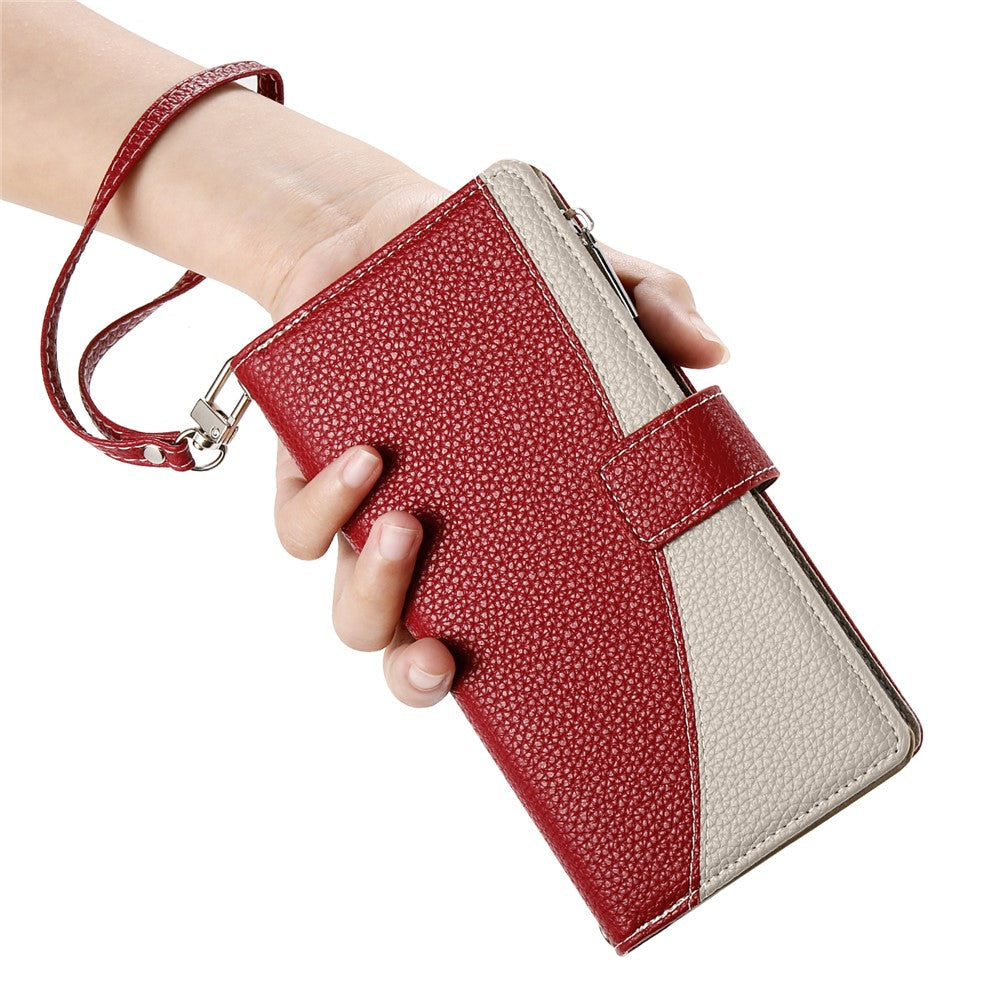 For Oppo Reno13 F 5G Case Zipper Wallet Color Splicing Leather Flip Phone Cover with Straps - Red