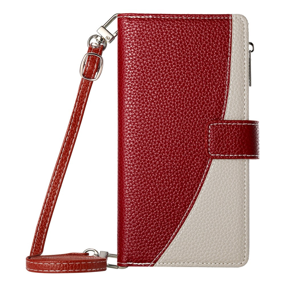 For Oppo Reno13 F 5G Case Zipper Wallet Color Splicing Leather Flip Phone Cover with Straps - Red