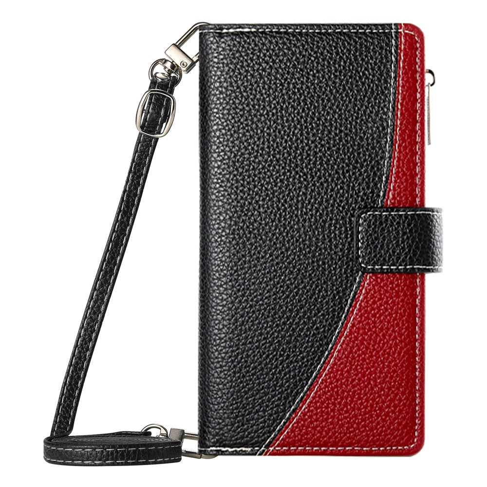 For Oppo Reno13 5G (Global) Case Zipper Wallet Color Splicing Leather Flip Phone Cover with Straps - Black