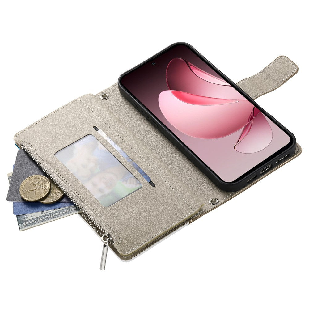 For Oppo Reno13 5G (Global) Case Zipper Wallet Color Splicing Leather Flip Phone Cover with Straps - Dark Blue