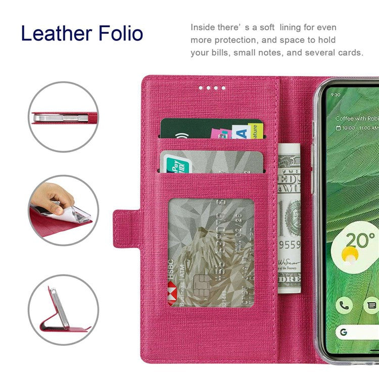 VILI K Series Stand Wallet Phone Cover for Google Pixel 7 5G, Double Magnetic Clasp PU Leather Shockproof Case - Rose