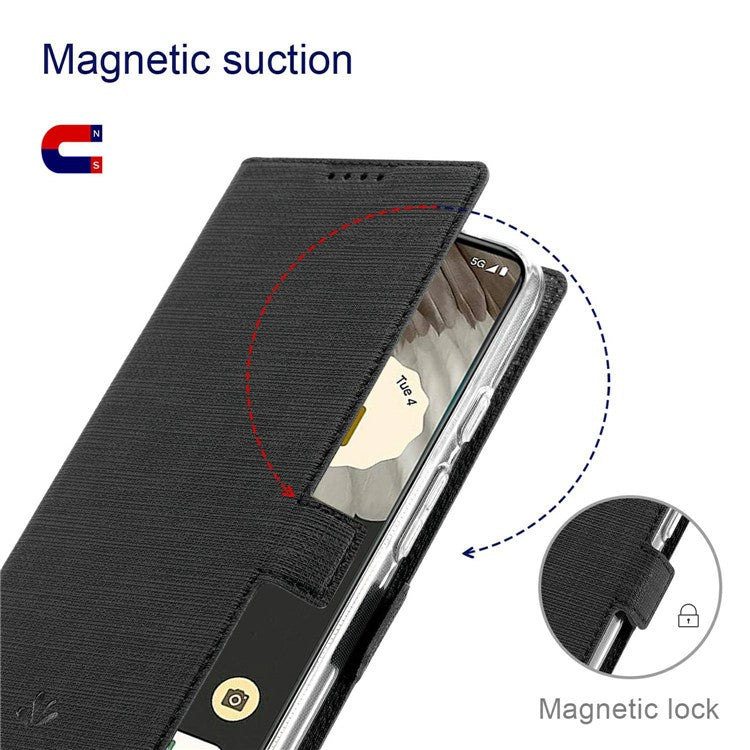 VILI K Series PU Leather Stand Case for Google Pixel 7 Pro 5G, Double Magnetic Clasp Full Protection Phone Wallet Cover - Black