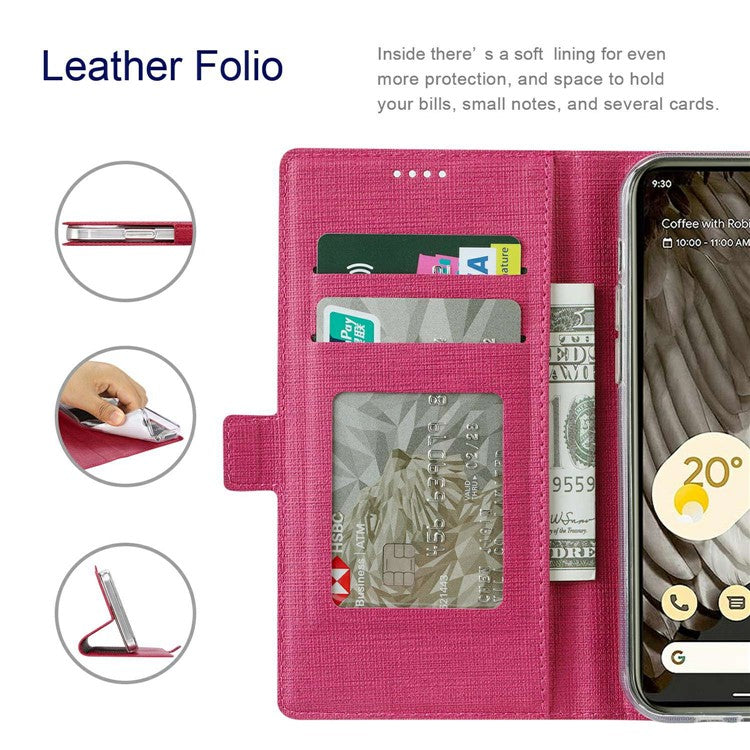 VILI K Series PU Leather Stand Case for Google Pixel 7 Pro 5G, Double Magnetic Clasp Full Protection Phone Wallet Cover - Rose