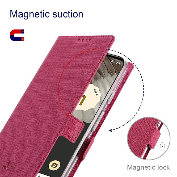 VILI K Series PU Leather Stand Case for Google Pixel 7 Pro 5G, Double Magnetic Clasp Full Protection Phone Wallet Cover - Rose