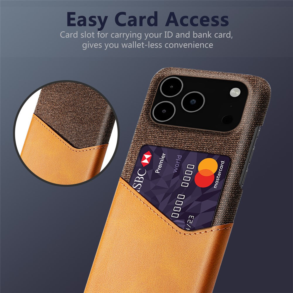 For iPhone 17 Pro Max Case PU Leather Cloth Texture Hard PC Phone Cover with Card Holder - Orange