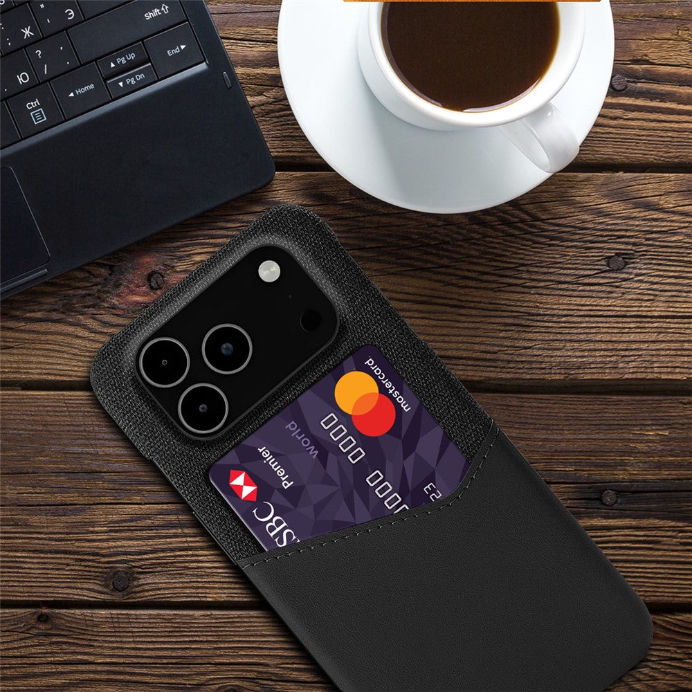 For iPhone 17 Pro Max Case PU Leather Cloth Texture Hard PC Phone Cover with Card Holder - Black