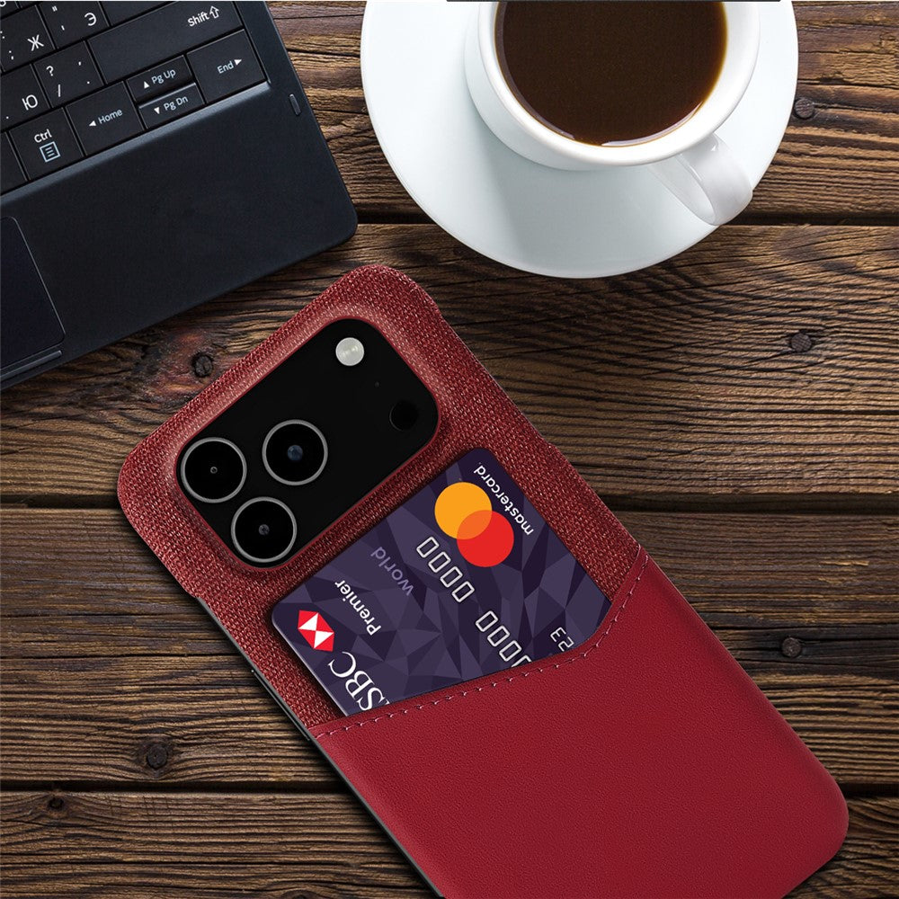For iPhone 17 Pro Max Case PU Leather Cloth Texture Hard PC Phone Cover with Card Holder - Red