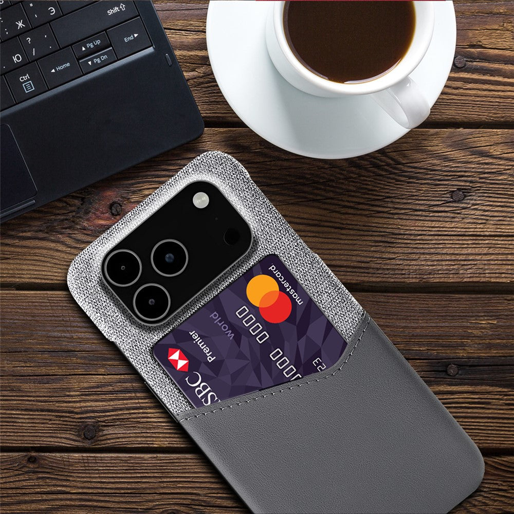 For iPhone 17 Pro Max Case PU Leather Cloth Texture Hard PC Phone Cover with Card Holder - Grey