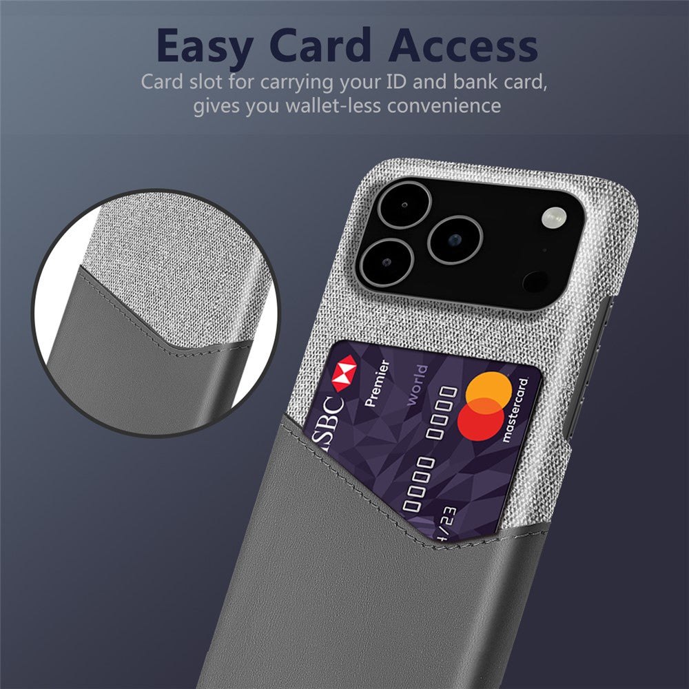 For iPhone 17 Pro Max Case PU Leather Cloth Texture Hard PC Phone Cover with Card Holder - Grey