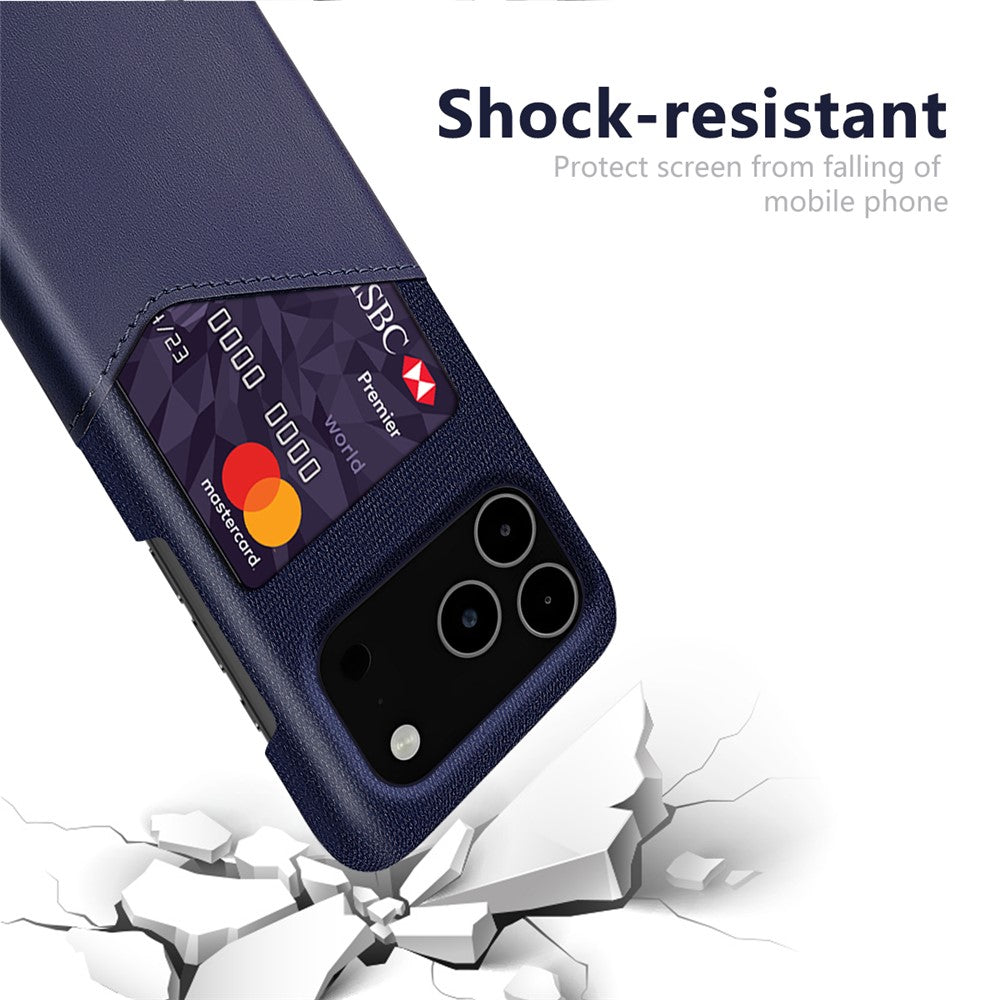 For iPhone 17 Pro Max Case PU Leather Cloth Texture Hard PC Phone Cover with Card Holder - Blue