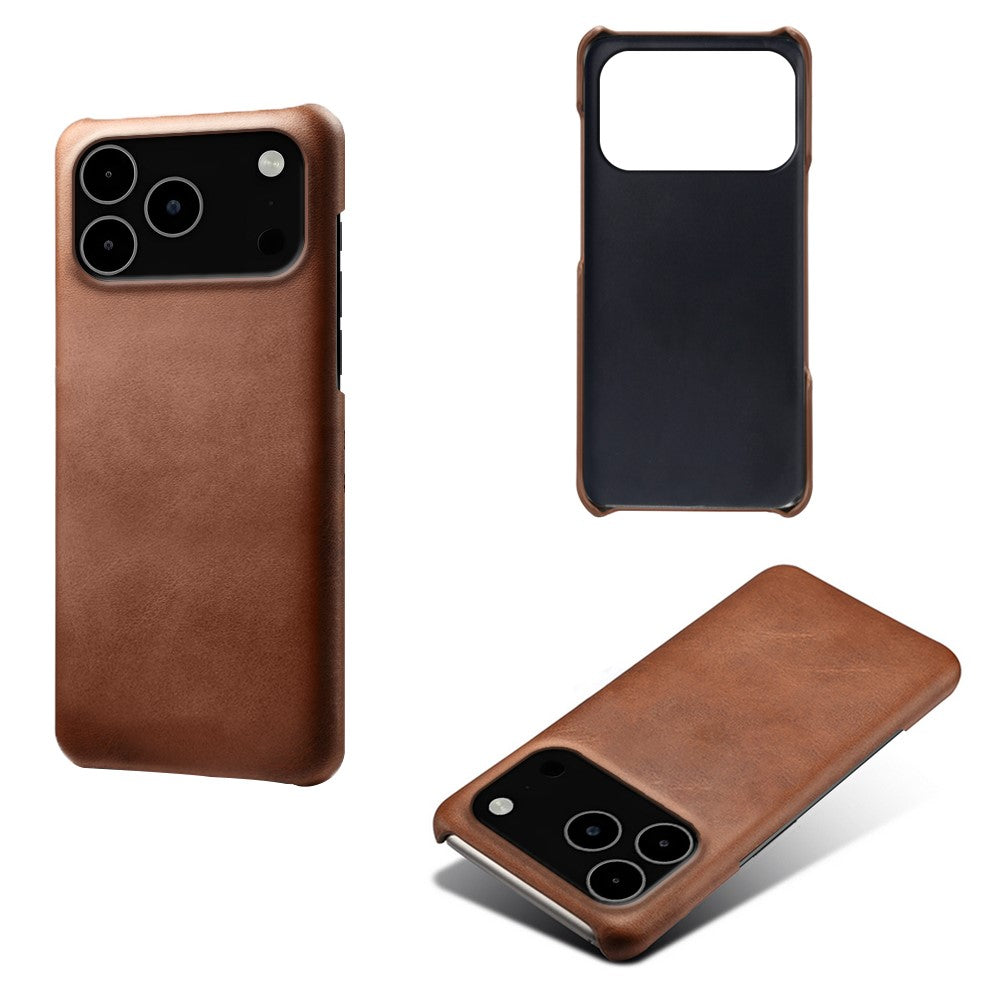 For iPhone 17 Pro Max Case Calf Texture PU Leather Hard PC Protective Phone Cover - Brown